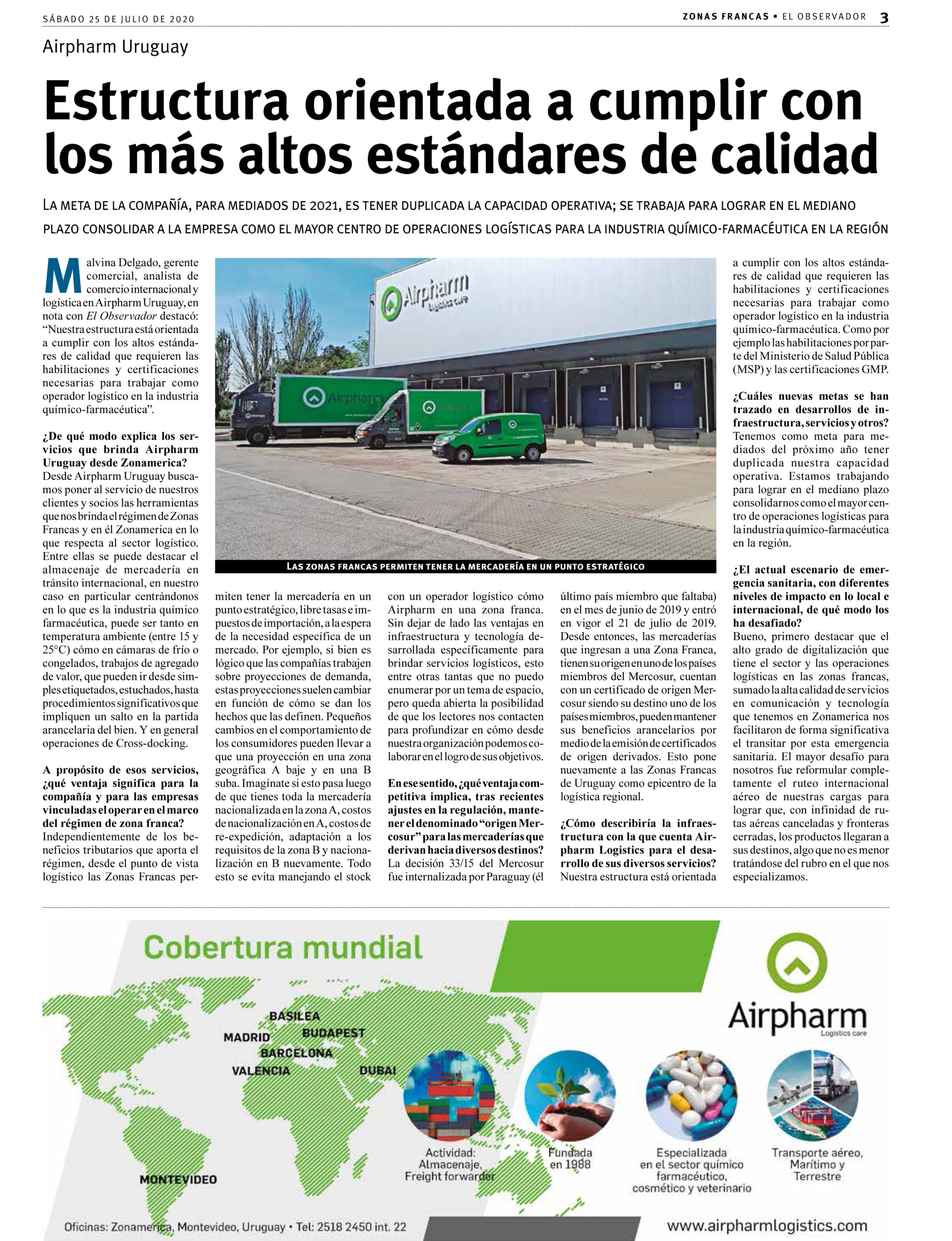 artículo sobre Airpharm Uruguay que puede encontrarse en el suplemento "Zonas Francas" de "El Observador"